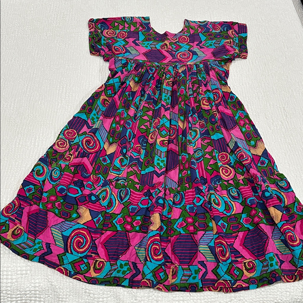Go Softly Colorful Batik Print Midi Dress Caftan Mumu Sz S Cotton Pockets Ruffle